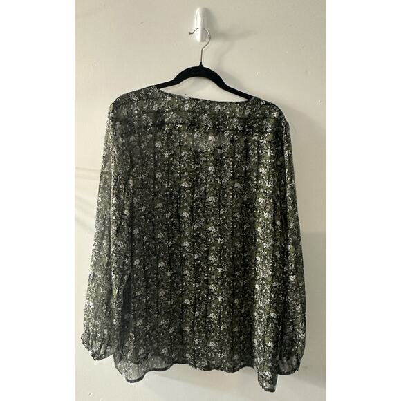 Jaclyn Smith XL Floral Sheer Blouse Green Black Button Front Long Sleeve - Picture 3 of 6